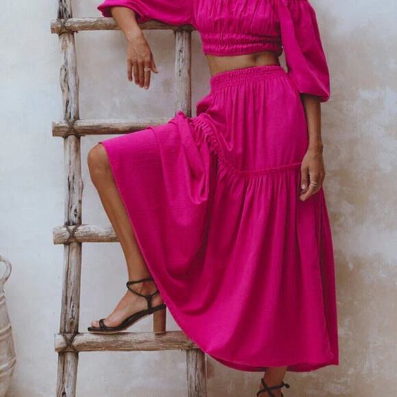 ELF Annabelle Linen Maxi Skirt M Magenta Pink EUC - Picture 3 of 10